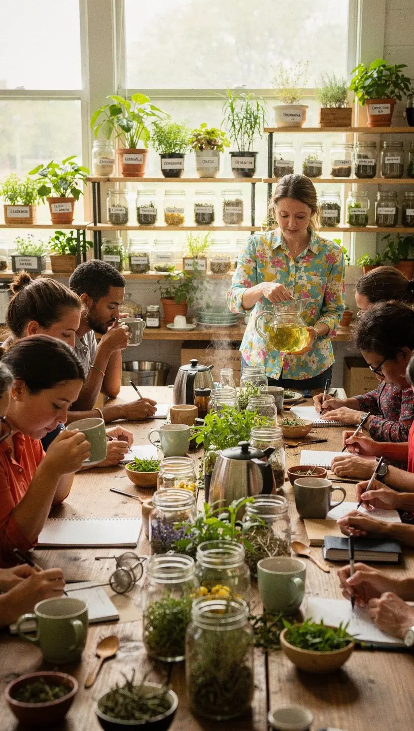 Sklená kanvica s čajom z citrónovej verbény a čerstvými bylinkami.