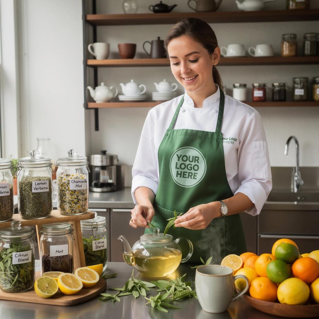Čerstvé listy citrónovej verbény položené na drevenom stole vedľa šálky čaju.